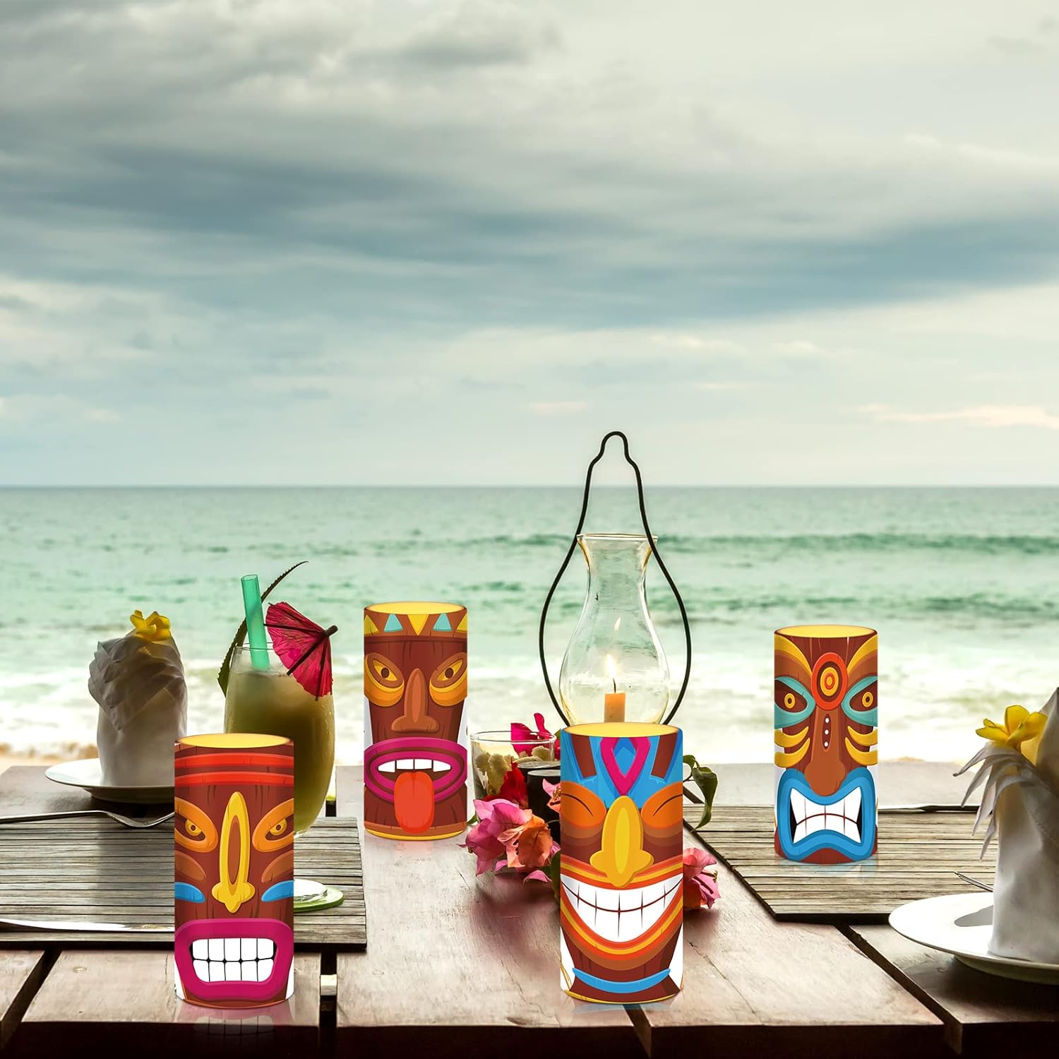 Tiamon Tribal Tiki Flameless Candles Led Hawaiian Battery Operated Luau Flickering Candles with 18-Key Remote Timer Pillar for Summer Holiday Tiki Bar Party Table Decorations