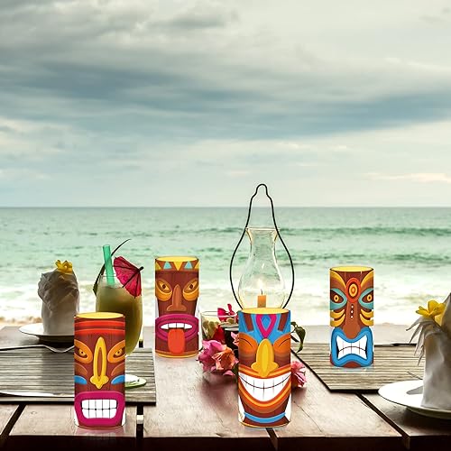 Miniatura 7 de Tiamon Velas tribales Tiki sin llama LED hawaianas funcionan con pilas, velas parpadeantes Luau con temporizador remoto de 18 teclas para decoración