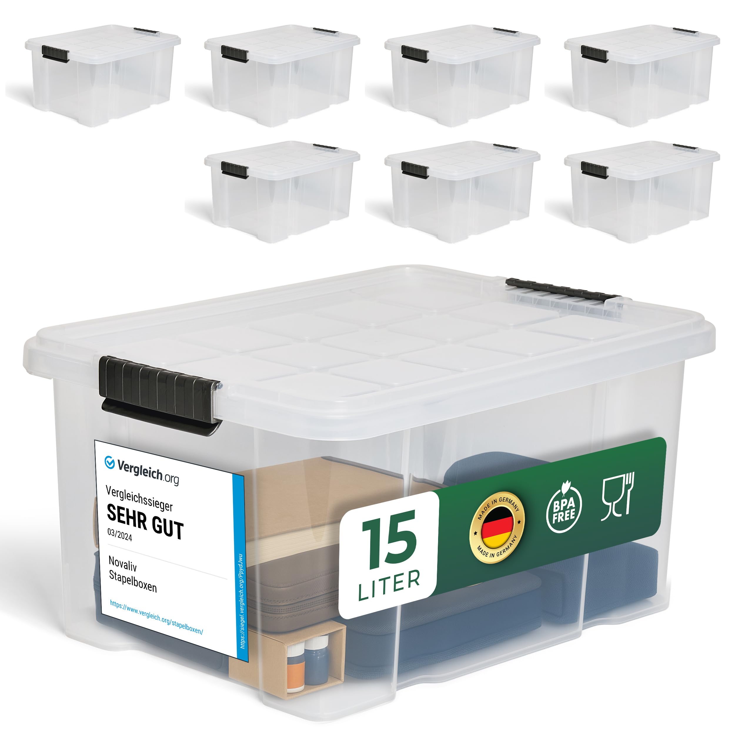 Novaliv 8 scatole portaoggetti con coperchio, 15 l, trasparenti, impilabili, con chiusura a clip, in plastica, senza BPA, 41 x 29 x 20 cm