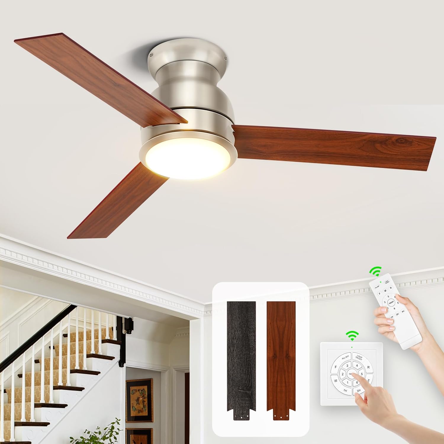 OKELI 52 Inch Brushed Nickel Ceiling Fan with Light and Remote Flush Mount Hugger Ceiling Fan 3 Dual Finish Blades 6 Speeds Reversible DC Motor LED Ceiling Fan with Light for Living Room Bedroom
