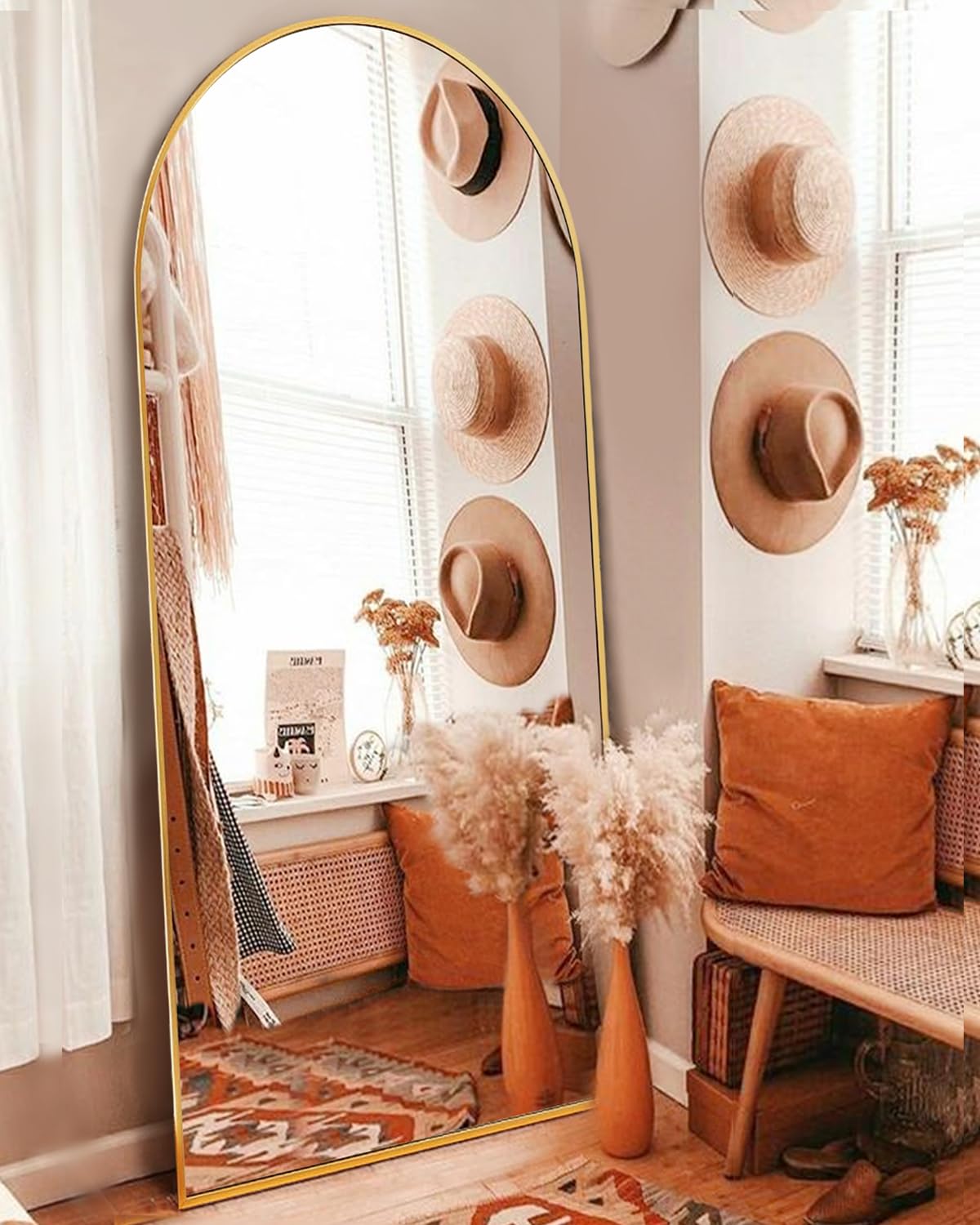 DYNWELL Arched Full Length Mirror, Floor Mirror with Stand, 64"x21" Large Mirror, Wall Mirror Full Length, Gold Floor Length Mirror, Body Floor Mirror, Wall Mounted Mirror for Bedroom, Gold