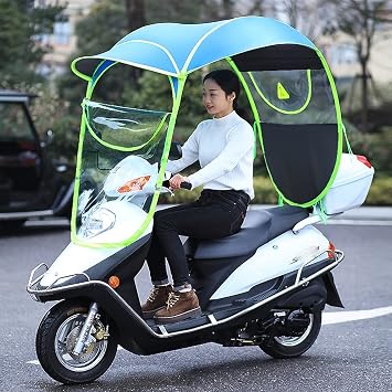 Motorbikes Sunshade Cover, Motorcycle Scooter Rain Cover Waterproof, Scooter Fold-Away Mobility Scooter Canopy, Sun Shade Waterproof Transparent,Blue,Open