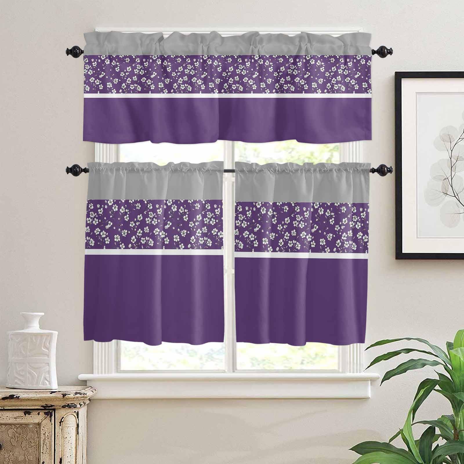 Purple Grey Flowers Kitchen Curtains 36 Inch Length, 3 Piece Rod Pocket Small Half Tiers and Valance Set, Classic Botanical Art Elegant Small Large Window Treatment Decor for Bedroom/Bathroom Sink