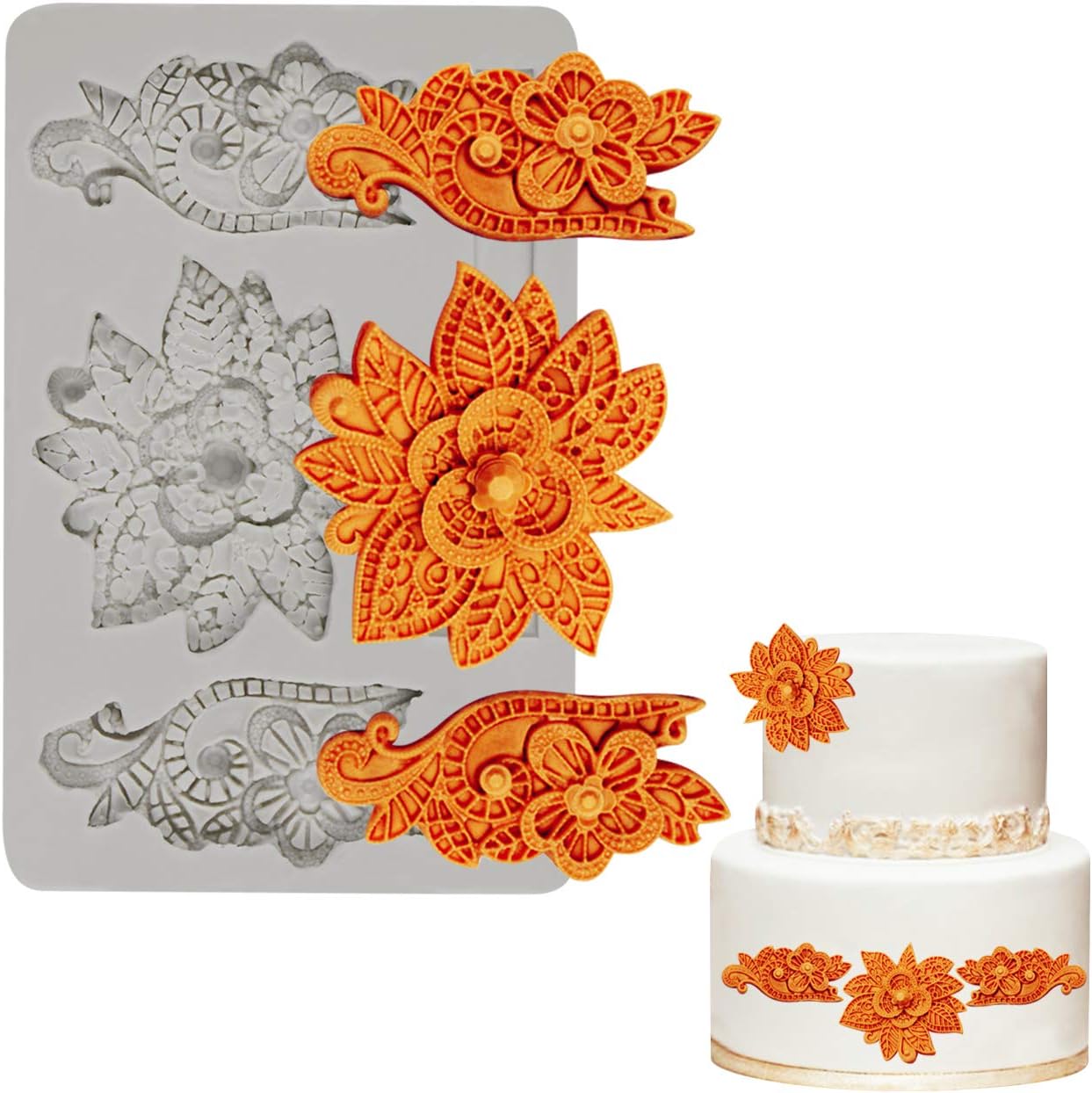 Mity rain Flower Lace Silicone Mold/Vintage Flower Embossing Fondant Mould Cake Decorating for Chocolate Craft Gum Paste cupcake topper Mold Cake Border Brim Decoration