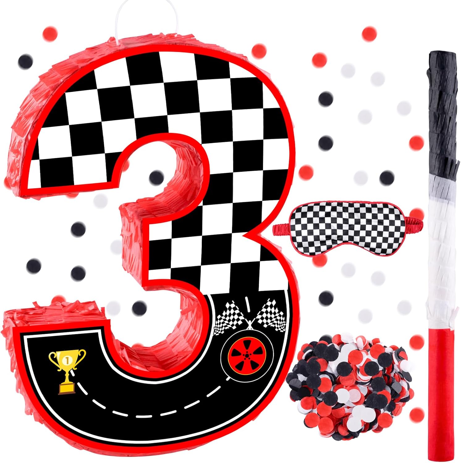 16 Inch Number 3 Race Car Pinata with 16 Inch Piñata Stick Blindfold Confetti for Boy Girl Kids 3rd Birthday Party Decorations(3rd)