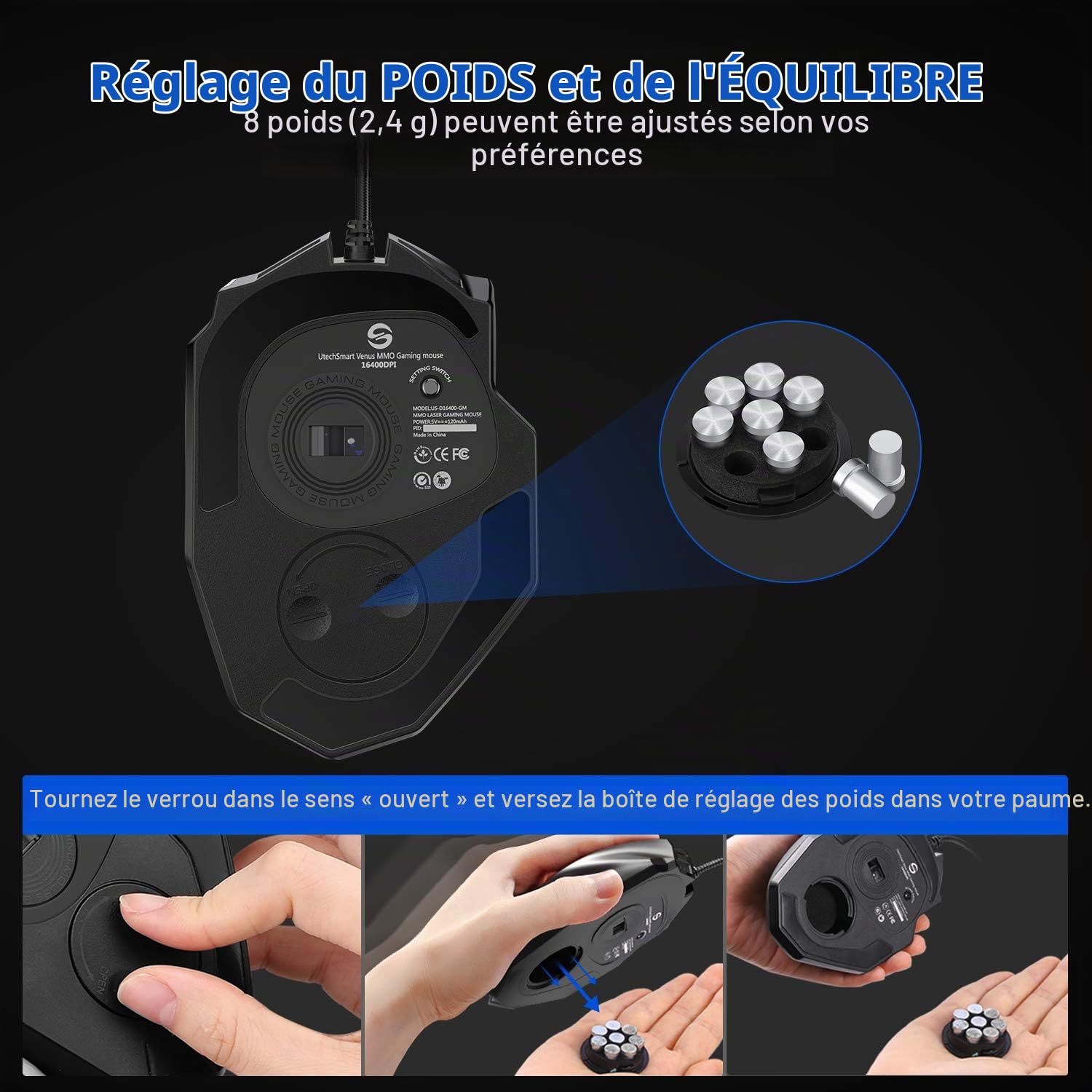 UtechSmart Souris laser de jeu MMO 16400 DPI pour PC, précision élevée, 18 boutons programmables| cartouche de poids réglable| 12 boutons latéraux|5 profils d'utilisateurs programmables