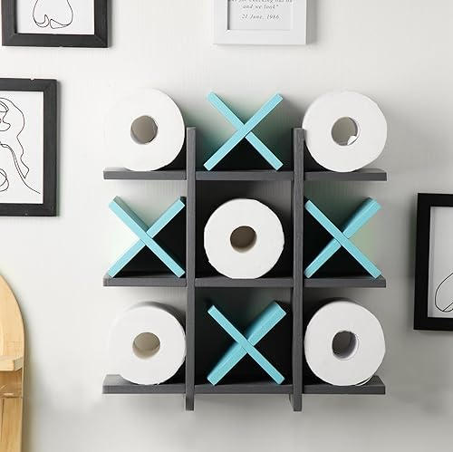 Miniatura 18 de Weysat Soporte de Papel Higiénico Tic Tac Toe Decoración de Pared de Baño Almacenamiento Colgante de Madera Rústica Estantes Independientes Montados