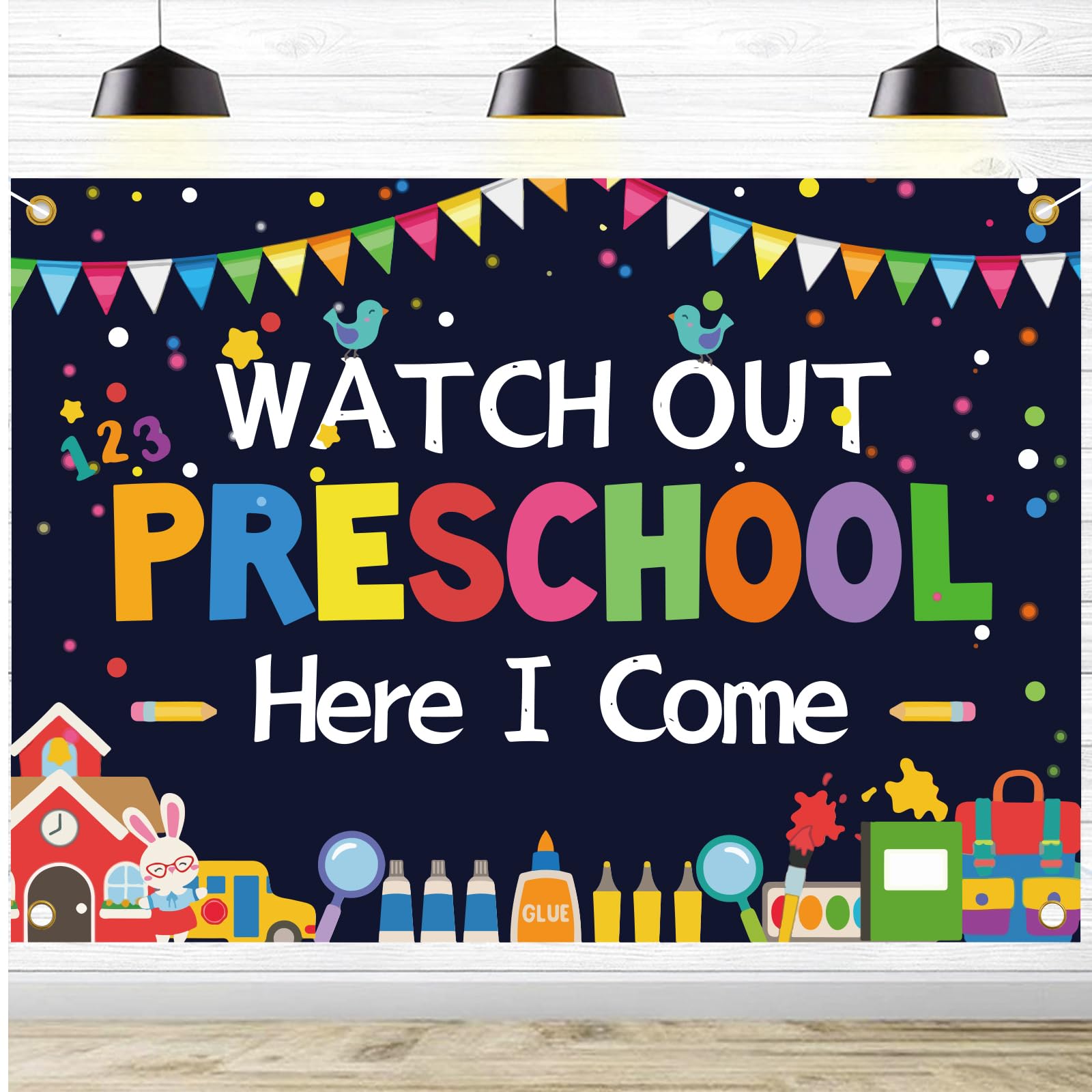 Watch Out Preschool Here I Come Backdrop First Day of Kindergarten Photography Backdrops Teacher and Students Kids Party Decoration Banner Students