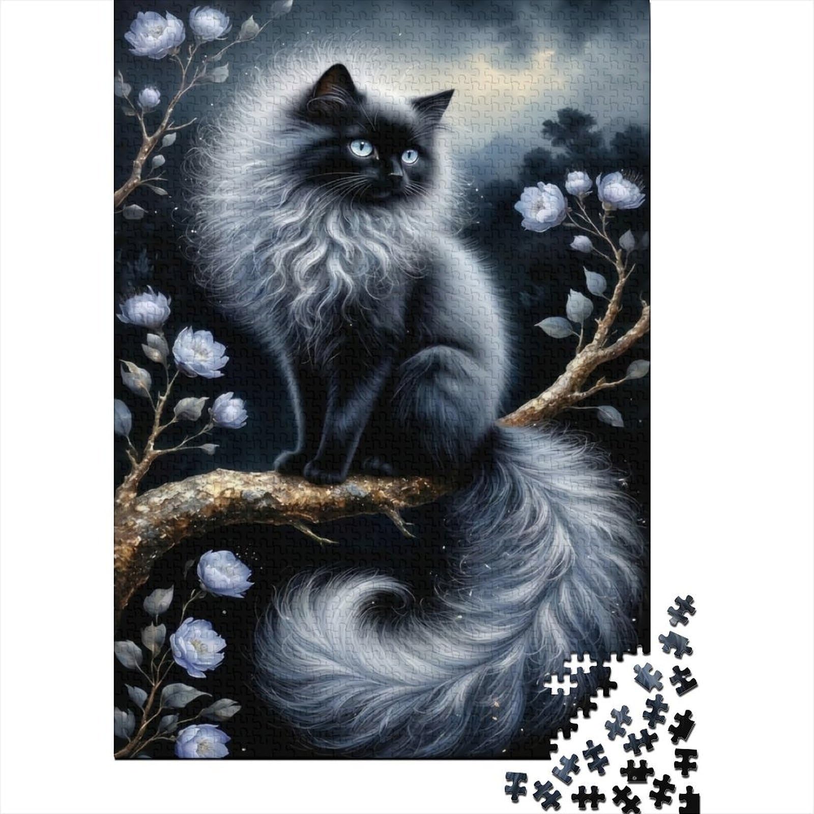 Black Cat Night Floral 1000 Piece Jigsaw Puzzle Paper Adults Relax nan