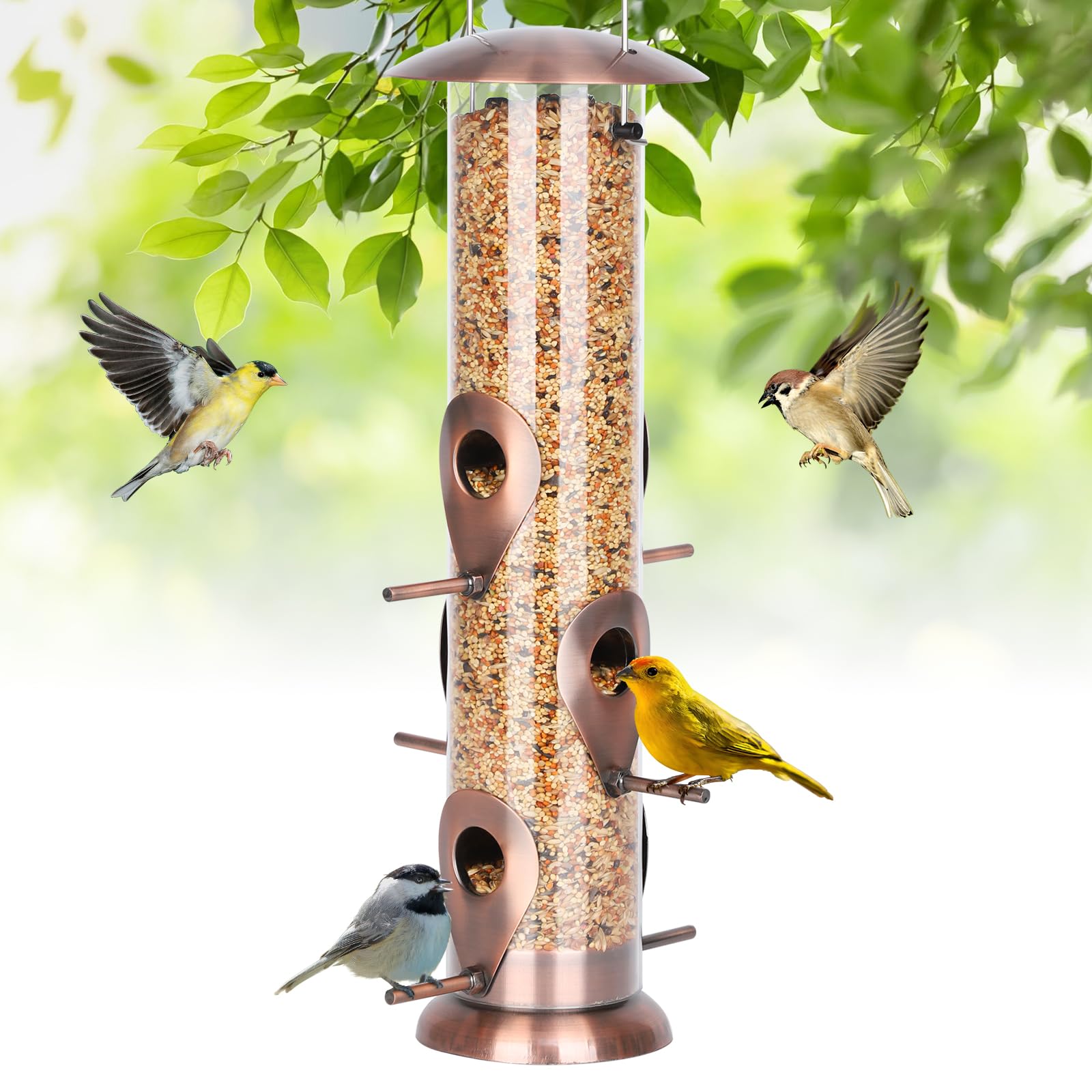 FEED GARDEN Metal Bird Feeders for Outdoors Hanging, 6-Port Tube BirdFeeders for Outside, Finch Feeders for Outside, Brushed Copper Finishing, Bird Feeder with Heavy Duty Metal Lid, Chew-Proof 1 Pack 1 13 inch-Copper