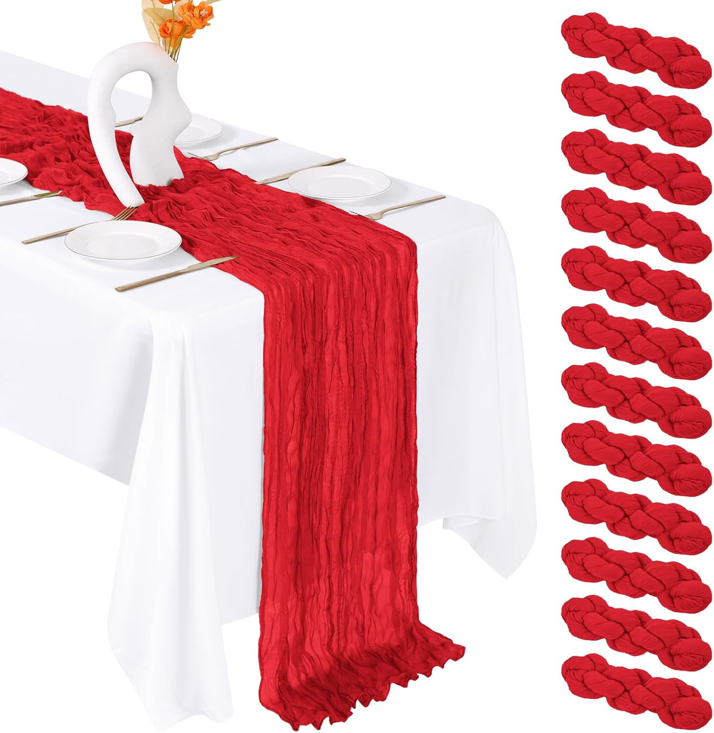 12 Pack Red Cheesecloth Table Runner 20 x 120 Inch Gauze Table Runner Fabric Semi Sheer Cheese Cloth Table Decor Bulk for Rustic Romantic Wedding Baby Shower Party Table Decoration
