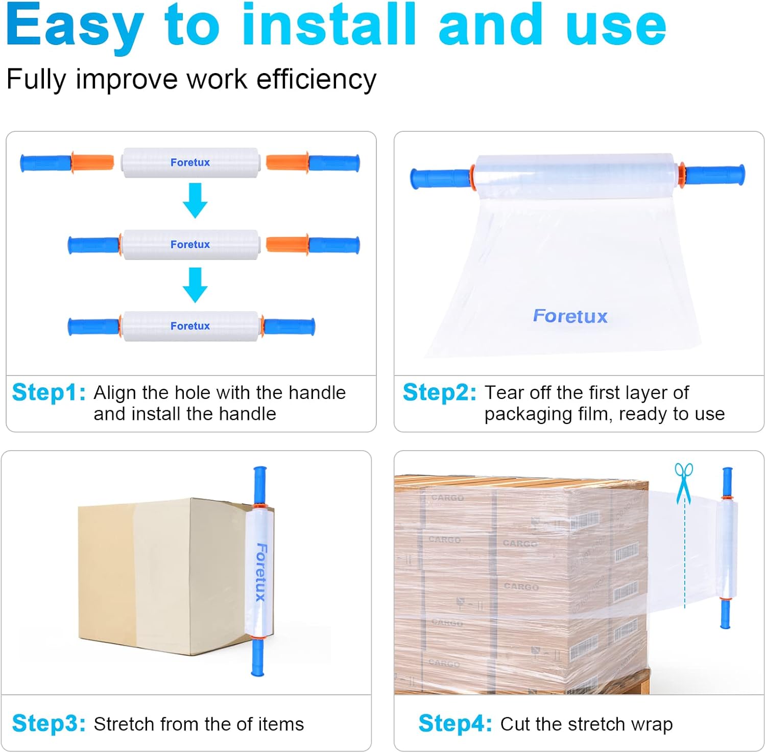 Foretux 2 Pack Stretch Wrap Film with Handle (15 Inch x 1000 Feet) : Office Products