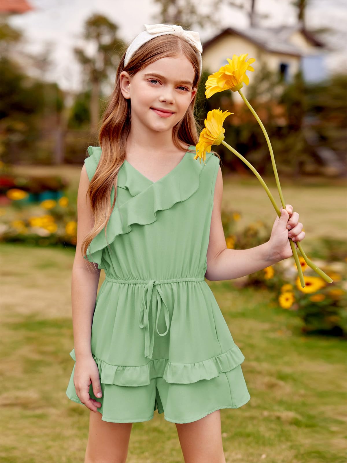 Haloumoning Tuta da bambina con orlo a volant, vestibilità larga, senza maniche, per bambini, estiva, casual, con tasche