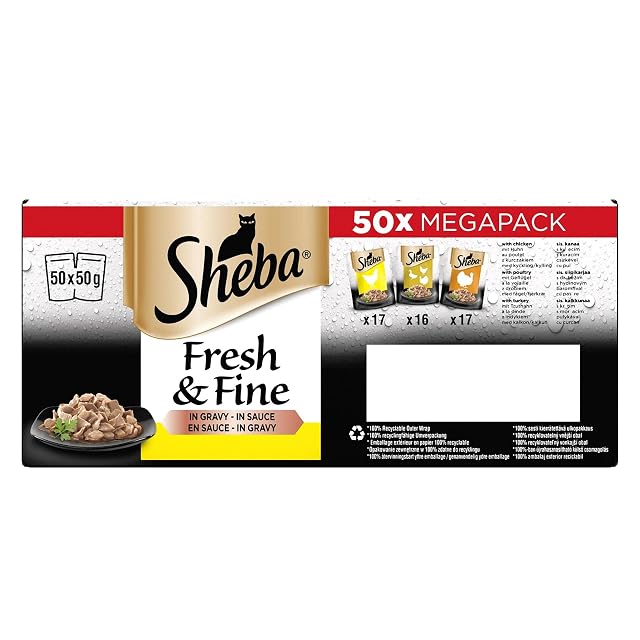 Foto 4 de 8 de Sheba Comida húmeda para gatos, fresca y fina, bolsas de aves de corral en salsa, paquete de 50 x 50 g
