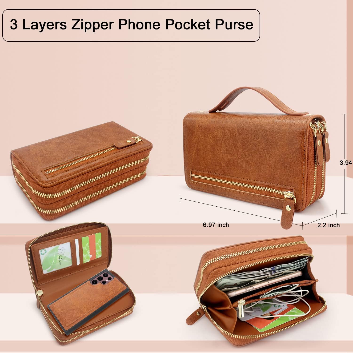 Harryshell Compatible with Samsung Galaxy S22 Ultra 5G 6.8 inch (2022) Case Wallet Multi Zipper Detachable Magnetic Cover Purse Bag with Card Slots Holder Mirror Crossbody Strap (Light Brown)