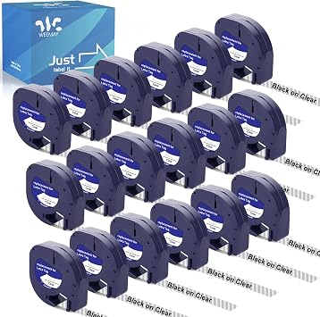 Weemay 18 X 16952 Clear Plastic Labels Compatible with Dymo Letra tag Refills Clear Plastic 12mm x 4m 1/2 x 13 Black on Clear Refill for Label Maker LT-100T LT-100H QX50 200B, 16951 S0721530