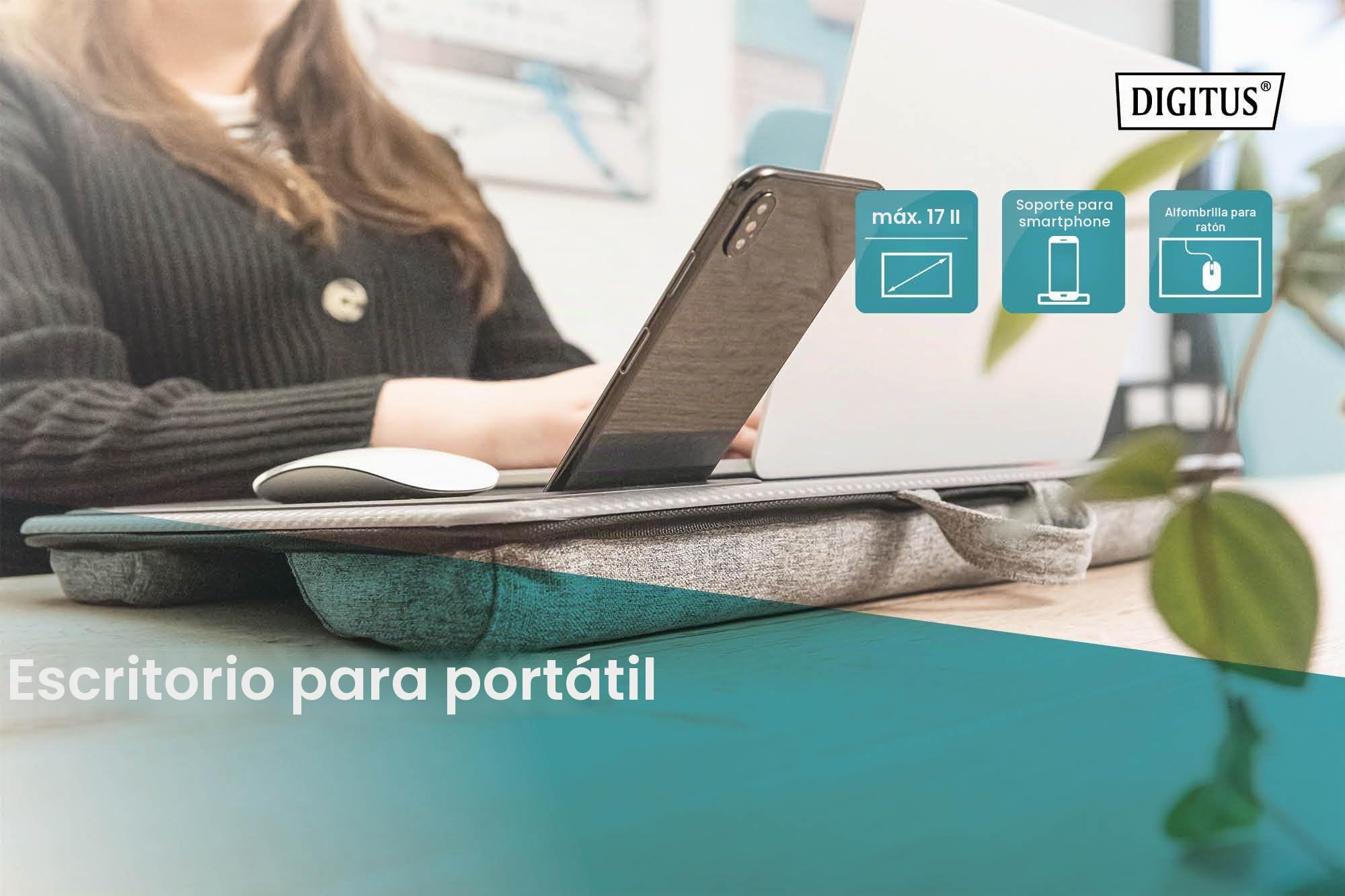 DIGITUS DA-90441 - Cojín para portátil - para portátiles de 17" - con Soporte para Smartphone - cojín para portátil - Mesa para portátil para Trabajar cómodamente Desde el sofá o la Cama - Gris