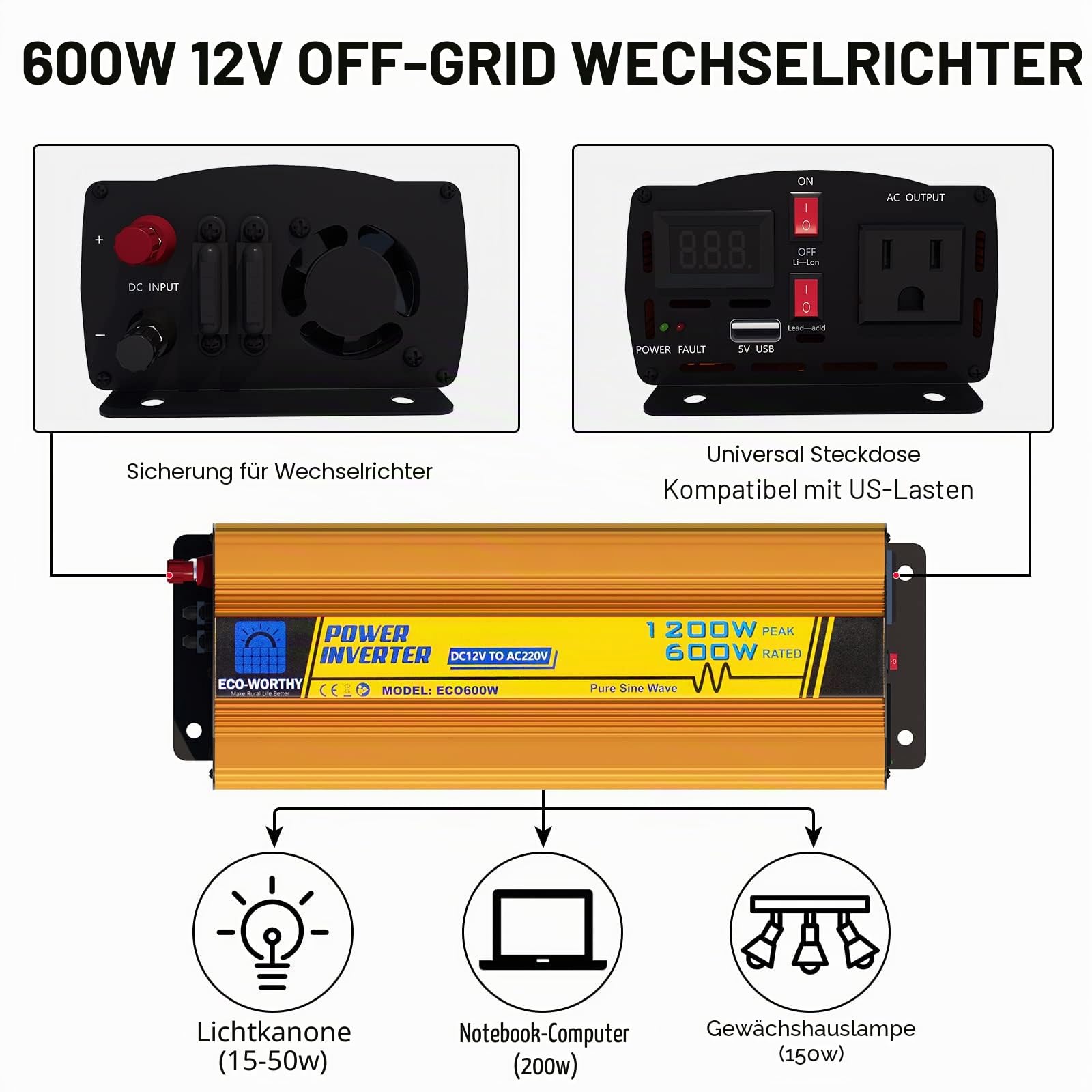 ECO-WORTHY 600W 12V netzunabhängiger Solarwechselrichter DC 12V AC 220V Sinuswelle für Auto Wohnmobil Caravan Camping und Solar System Haus