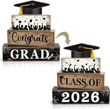 2026 Graduation Table Decorations Class of 2026 Senior Congrats Grad Tiered Tray Decor Wood Cap Block Signs Indoor College High School Party Tabletop Centerpiece for Tables Sign Home Shelf Office Desk