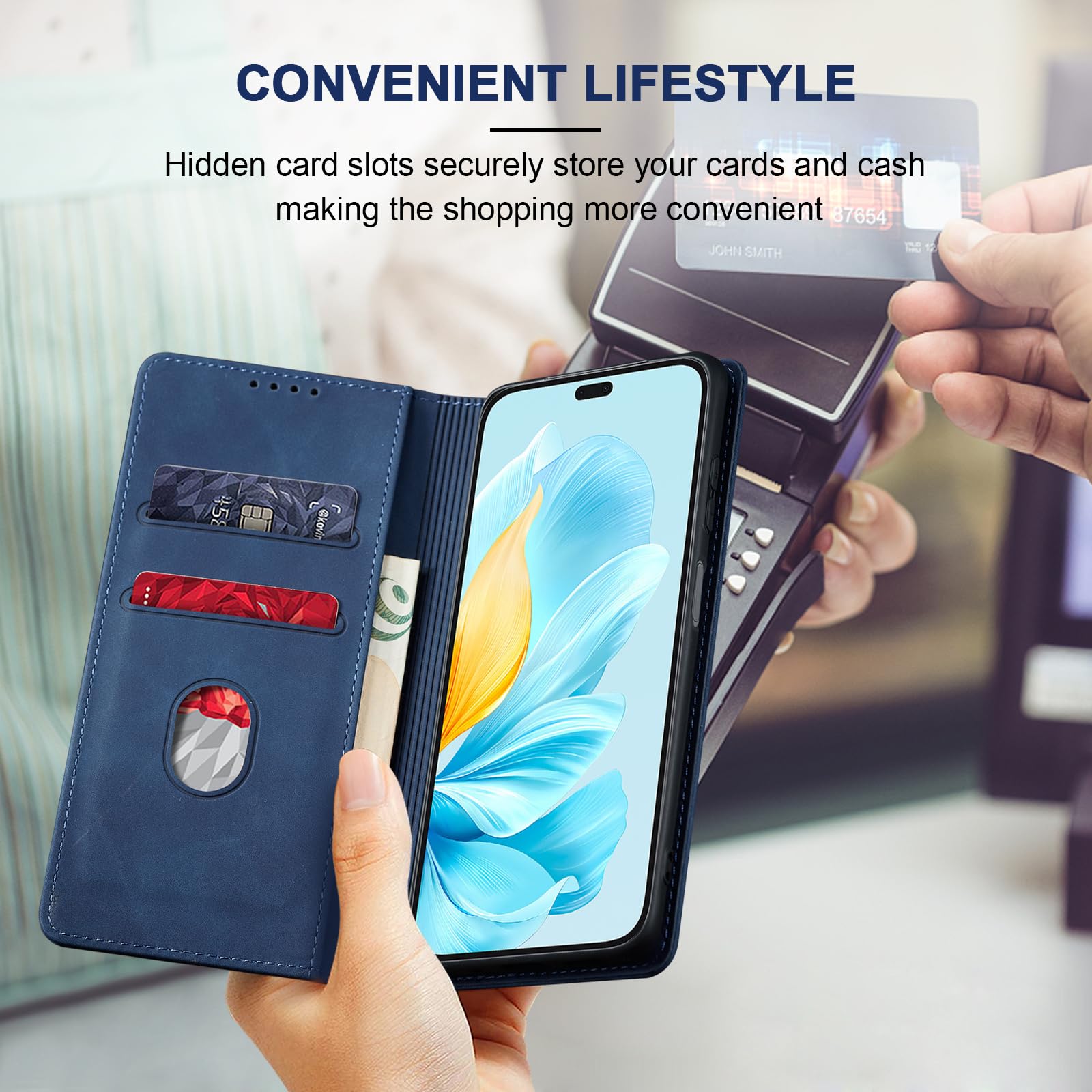 Jasonyu Cover per Honor 200 Lite Flip Custodia in Pelle PU, Cover a Libro Portafoglio, Funzione Supporto, Magnetica, Slot Schede, TPU Bumper Caso Custodia per Honor 200 Lite (Blu