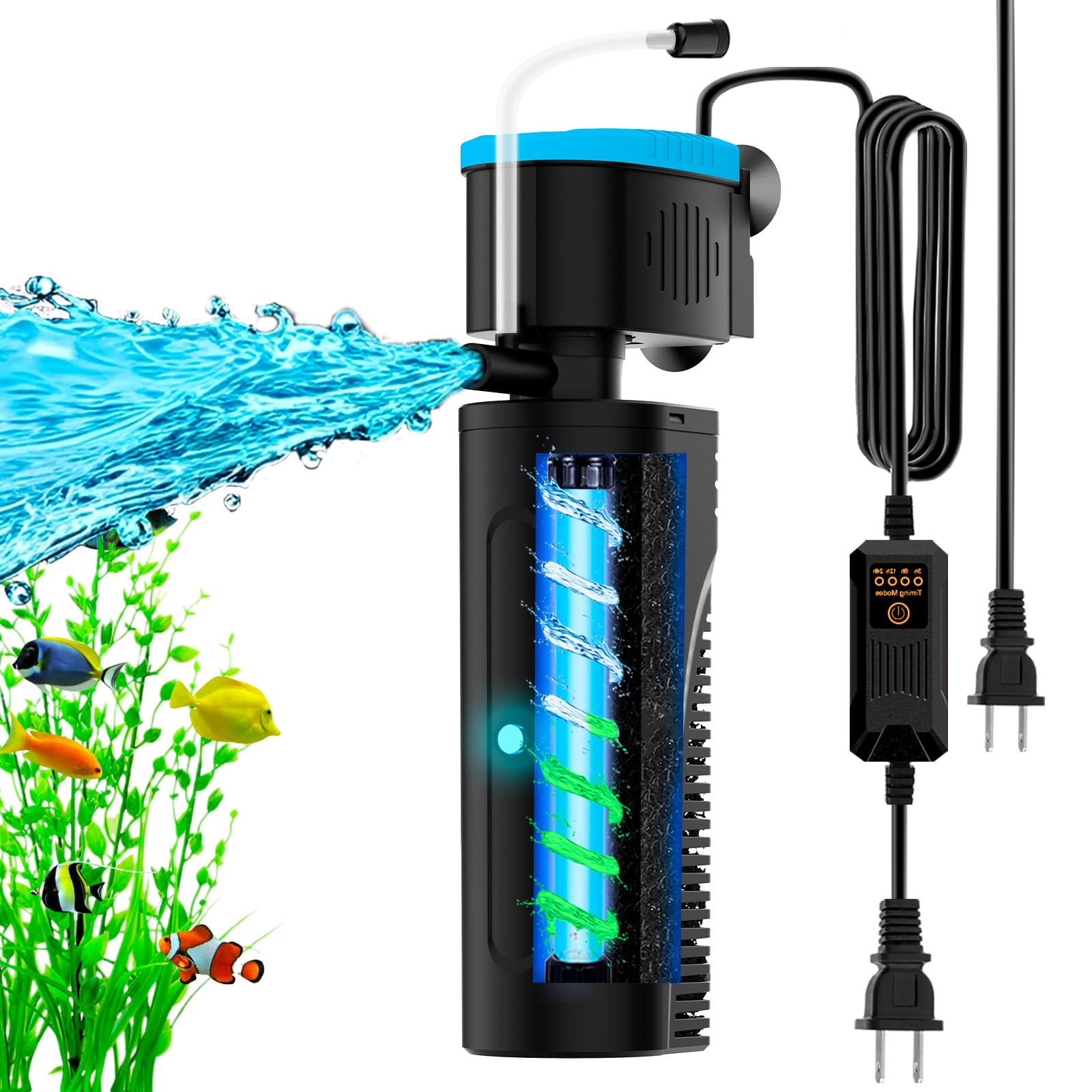 U - V Filtro de acuario con temporizador (3/6/12/24 horas) para limpieza de agua verde, filtro de tanque de peces con modo de aireación y lluvia, filtro de tortuga con esponja de filtro