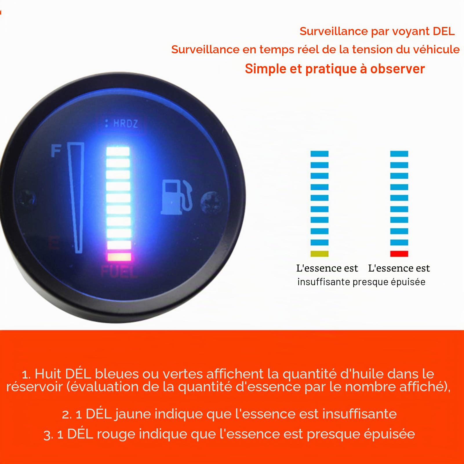Jauge de carburant 52 mm, indicateur de carburant LED, diamètre 52 mm, 12 V, résistance réglable pour voiture et moto