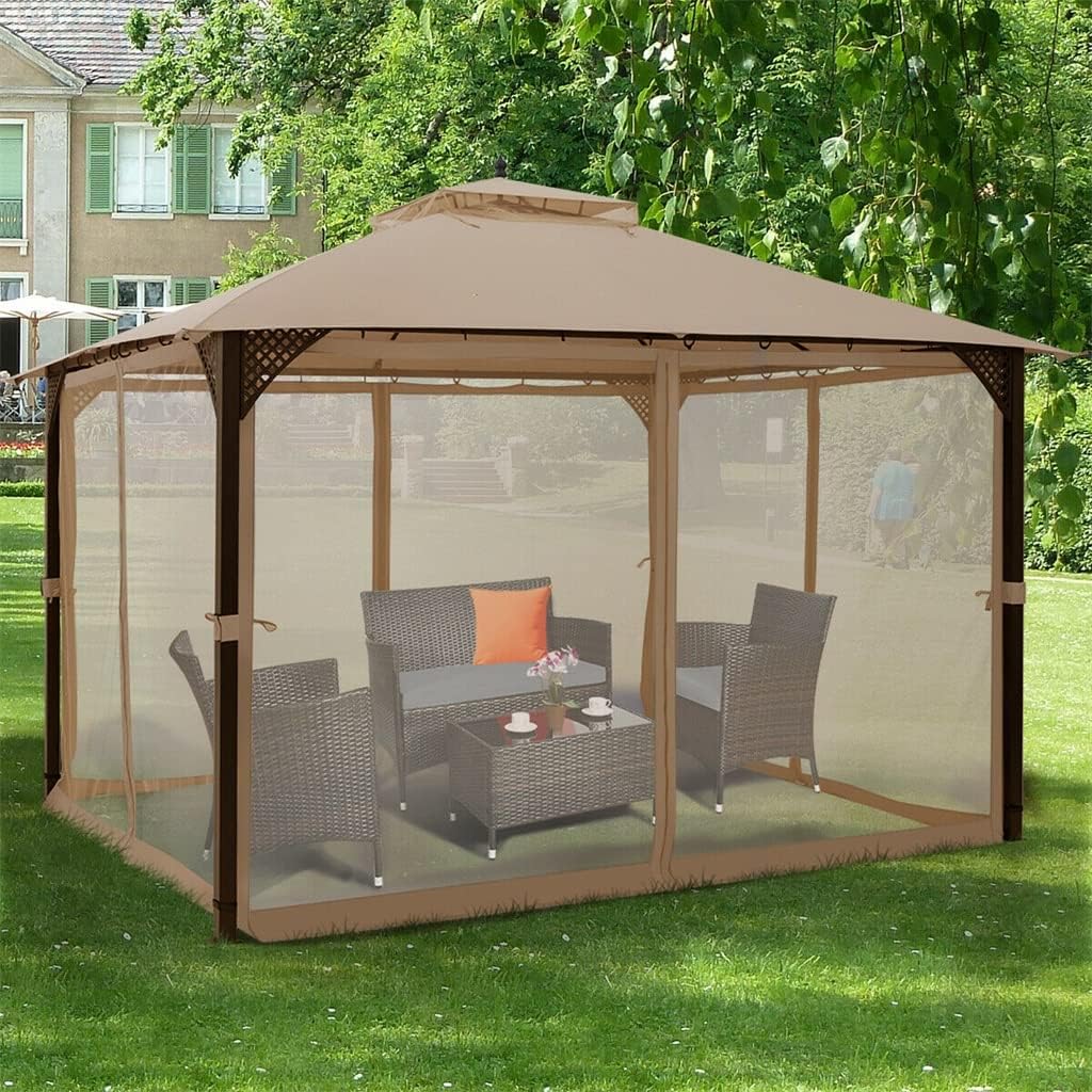 Patiojoy 12' X 10' Outdoor Patio Gazebo Canopy Shelter Top Sidewalls Netting Brown(E)