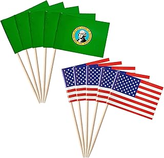 stidsds 100 Pcs American USA Washington WA Flag US Washington State Toothpick Flags Mini Small Washington Cupcake Toppers Stick Flags Banner U.S. States Party Cocktail Fruit Decoration