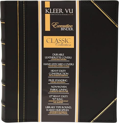 Miniatura 2 de Carpeta ejecutiva, cuero inglés, costuras a mano y columna acanalada, resistente de 1.5 pulgadas, 3 anillos en D con buster, negro y dorado (1.12