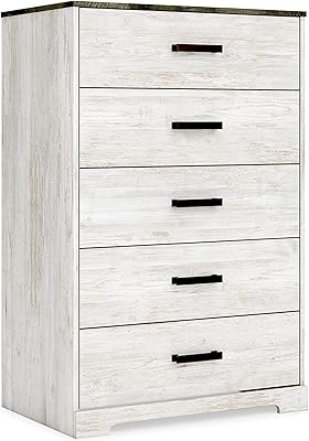 Signature Design by Ashley Shawburn Rustic 5 Drawer Chest of Smooth-Gliding Drawers and Safety Stop, White & Gray