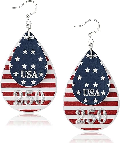 wowshow Patriotic Earrings for Women, 250th Anniversary Teardrop Dangle Earrings for 4th of July Red White and Blue American Flag Jewelry Lightweight Independence Day Accessories