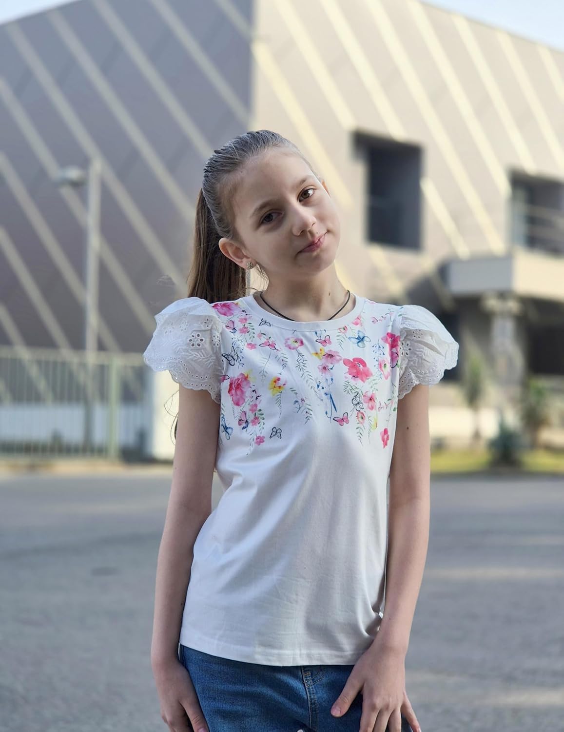 Arshiner Girls T Shirts Lace Petal Short Sleeves Kids Crewneck Casual Blouse Summer Tops Tees - Image 3