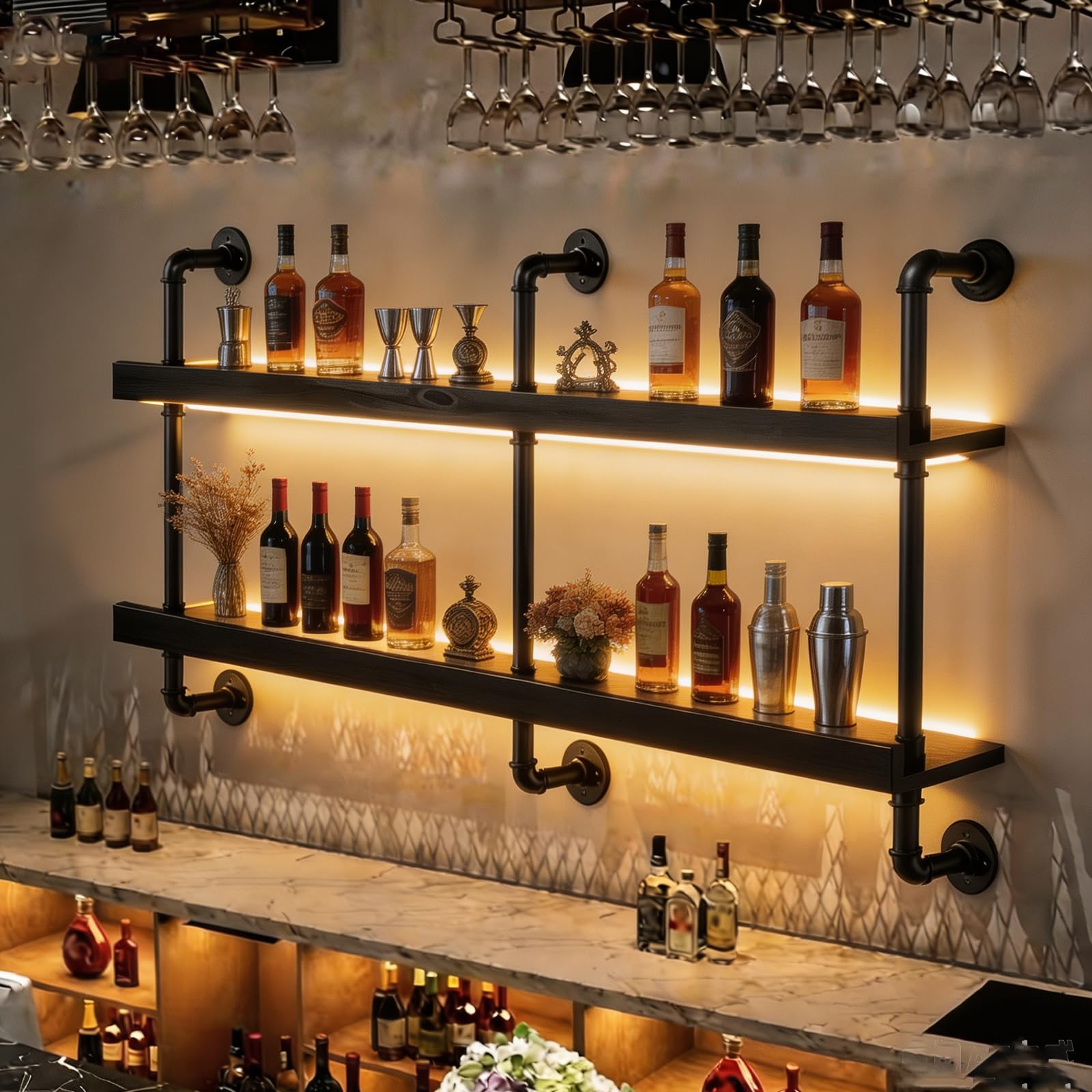 Wall Mounted Wine Rack with LED Light - 2-Tier Solid Wood Industrial Rustic Floating Shelves, Bottle Storage Organizer for Kitchen, Bar, Pub, Cellar, Home Bar (Black, 2-155cm/61in)