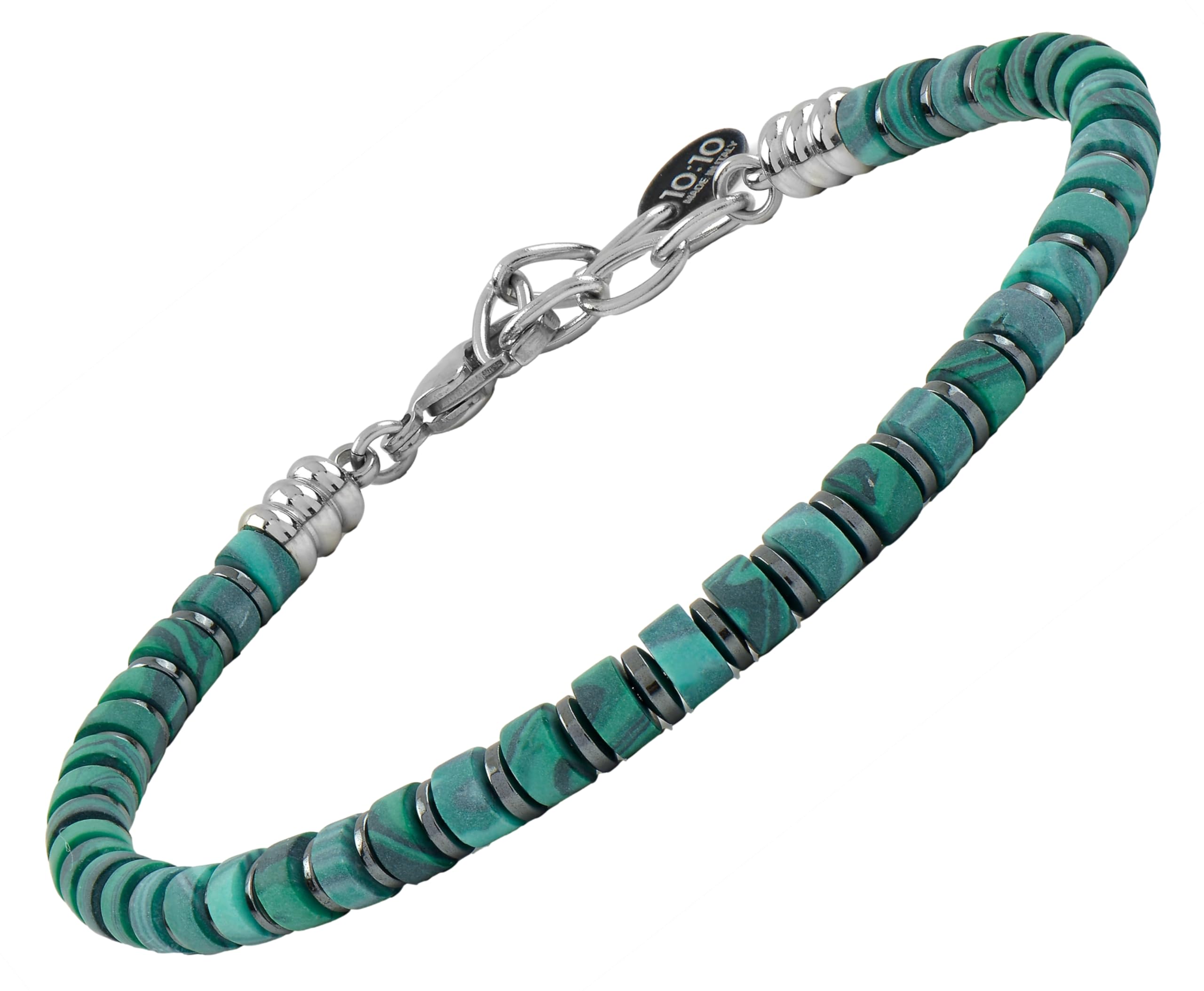 10:10 Pulsera de hombre con piedras duras naturales de 4 mm, arandelas hematitas de acero, ajustable, fabricada en Italia