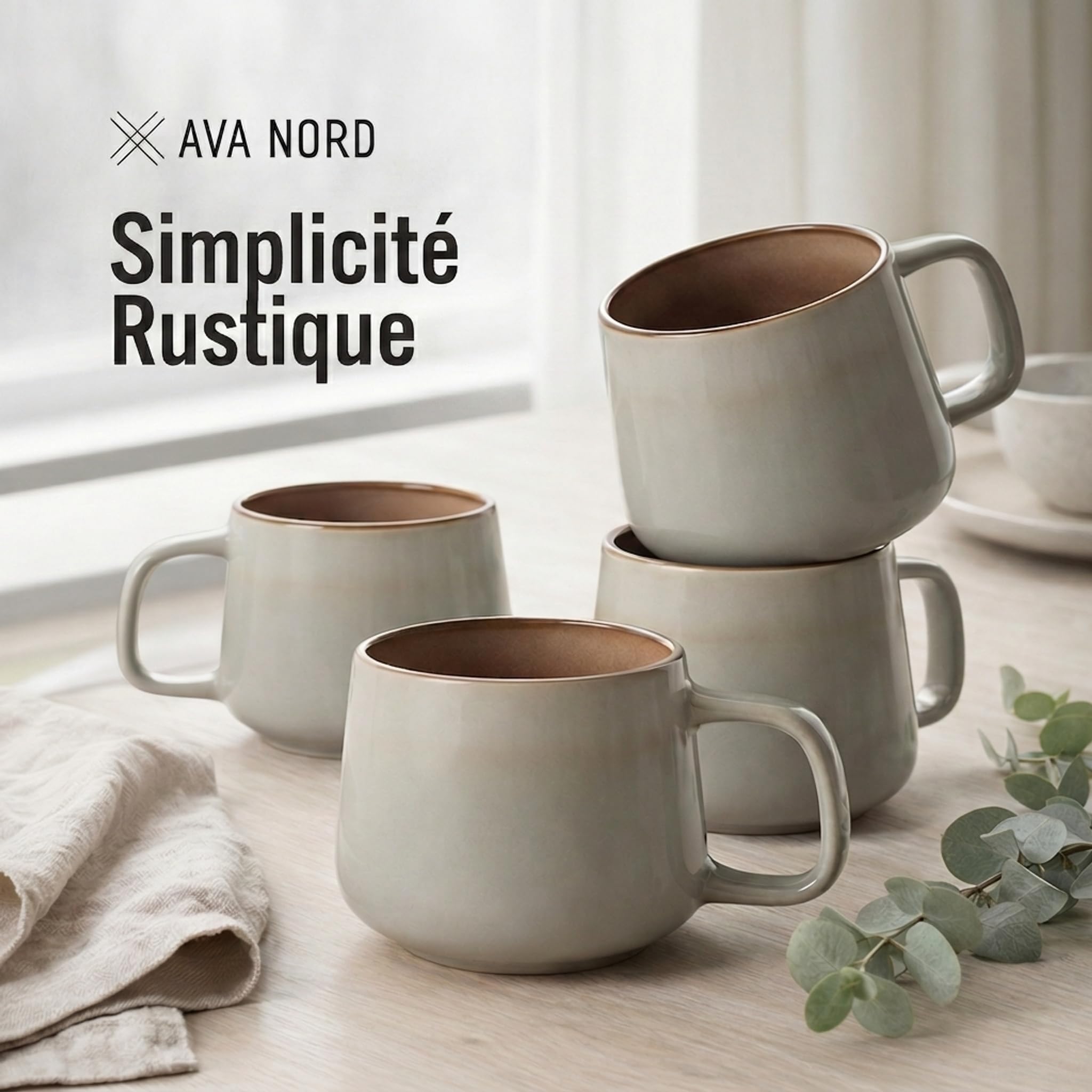 Ava Nord Tasses à Café en Céramique - 240 ml | en Grès, avec Anse Ergonomique | Idéales pour le Cappuccino, le Espresso | Compatibles Micro-Ondes et Lave-Vaisselle | Gris Sauge