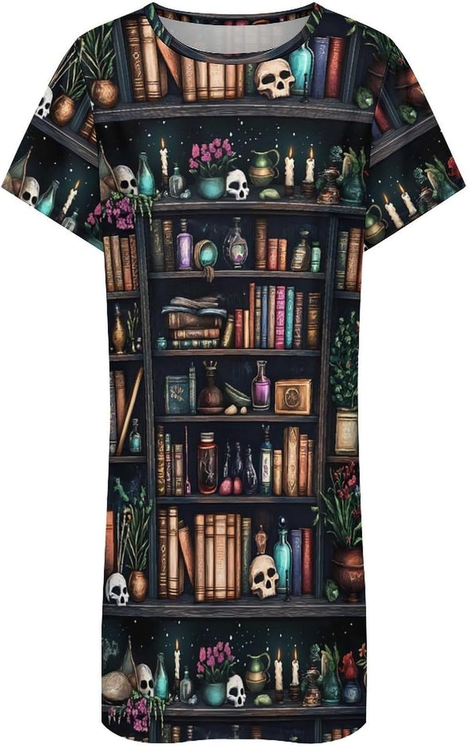 Bookshelf And Skull Nightgowns for Women Short Sleeve Sleep Dress Casual Sleepshirt Night Gowns Pajamas