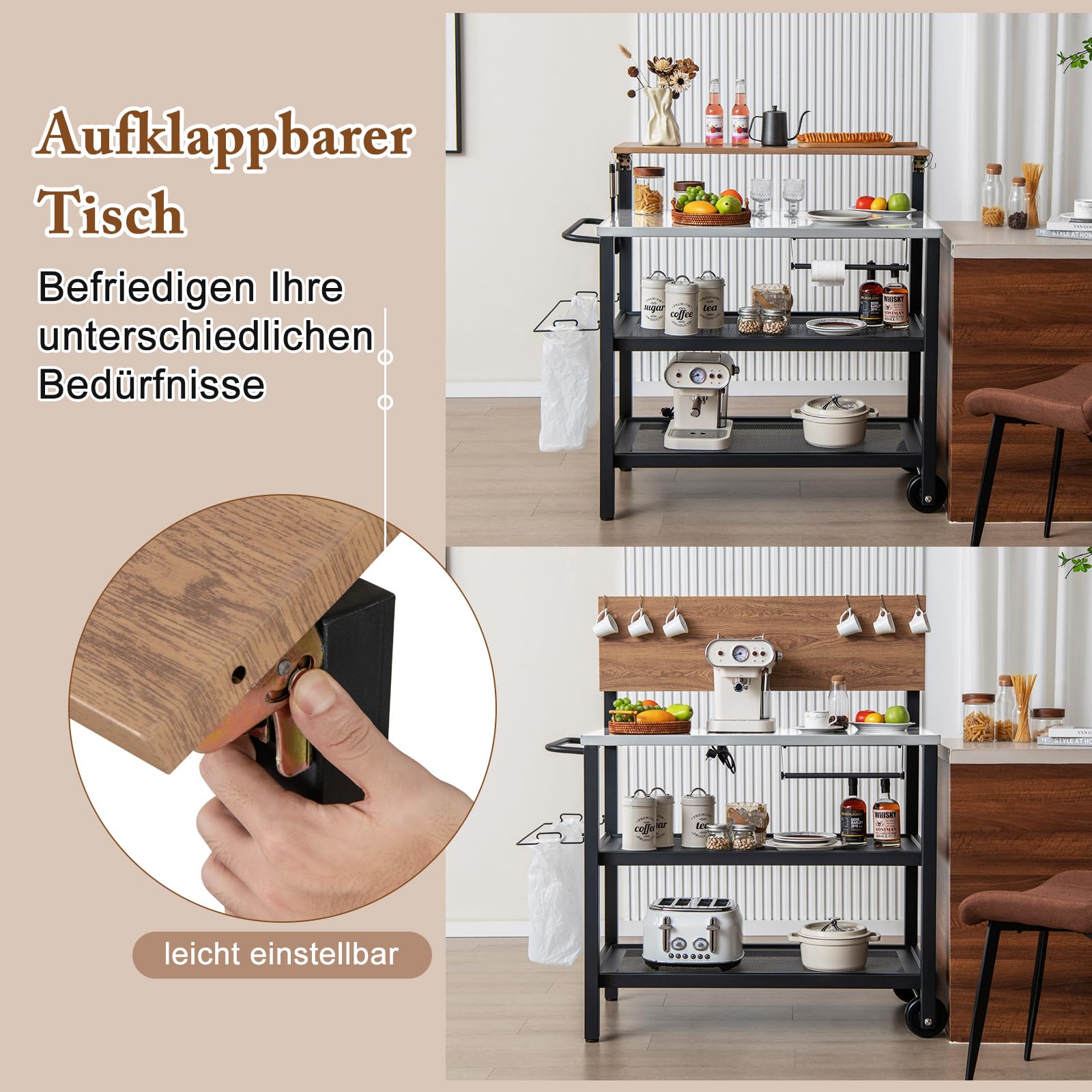 COSTWAY Grillwagen Outdoor, Grilltisch mit aufklappbarem Tisch, 6 Hakens, Müllbeutelhalter & 2 Rollen, bis 230 kg, Campingtisch Metall, Servierwagen für Garten Terrasse, 116 x 73 x 111 cm