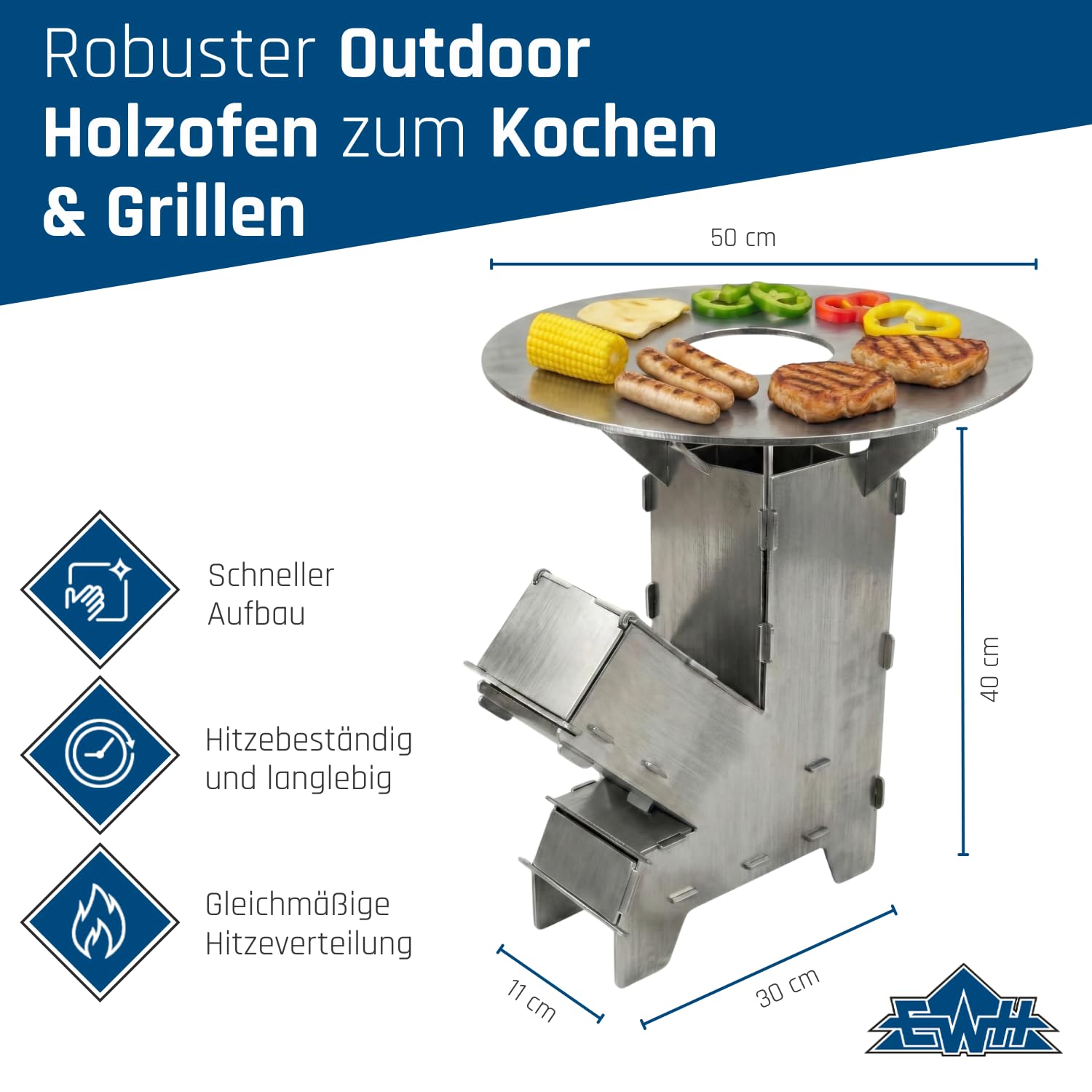 EWH Forno a razzo in acciaio da 3 mm con piastra grill – Made in Germany – robusto forno a legna per cucinare e grigliare – Forno da campeggio in lamiera d'acciaio con supporto variabile per wok