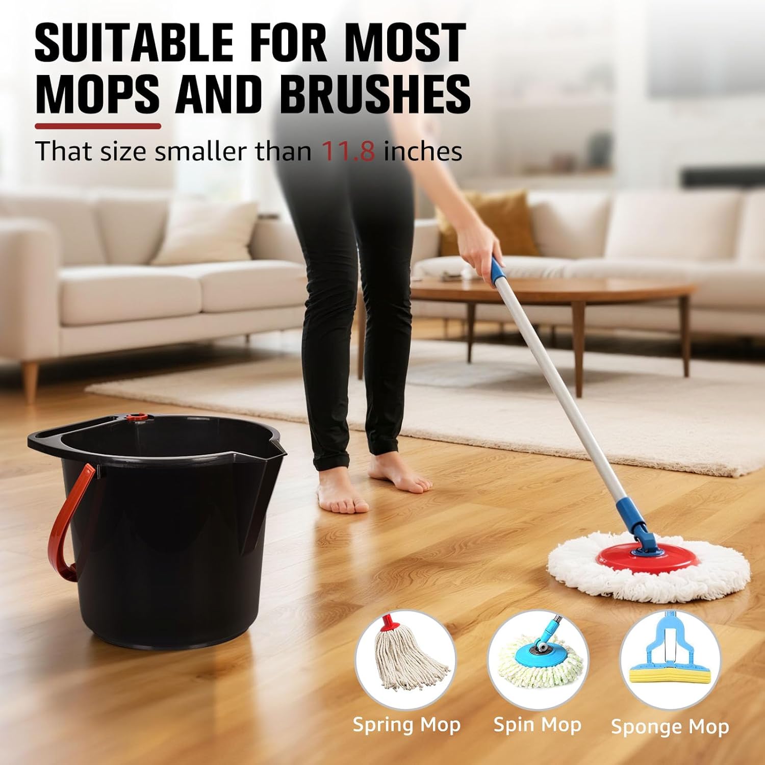 Matthew Cleaning 4.2 Gallon Mop Bucket, Heavy Duty Plastic Cleaning Bucket with Built-in Pour Spout, Mop Holder and Comfort Grip Handle, House and Commercial Cleaning Supplies, 2 Pack Black