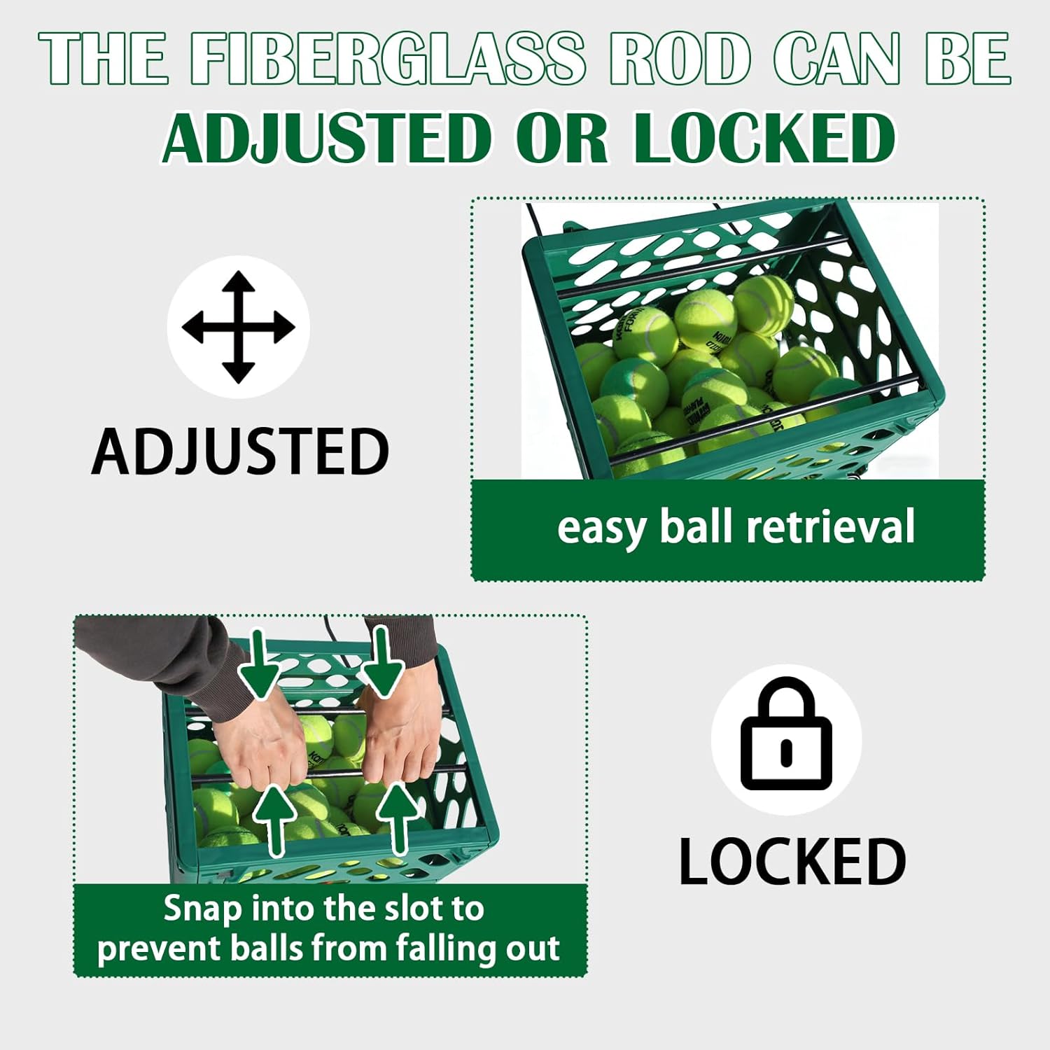 Tennis Ball Basket Tennis Ball Hopper with Wheels - 60 Balls Capacity Lightweight Picker Upper, Hands-Free Ball Retrieval Tool for Training & Court Use