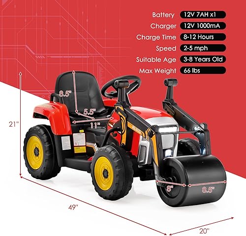 Miniatura 9 de HONEY JOY Coche de paseo eléctrico de 12 V con control remoto, tractor de batería para niños pequeños con rodillo de tambor ajustable, bocina y