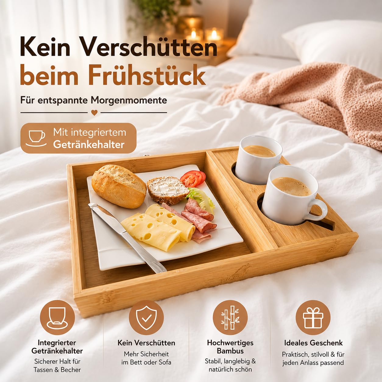 Couchbar Snackbox Serviertablett – Bambustablett - großes Fach für Snacks & Mahlzeiten – leicht & sicher – Geschenkidee.