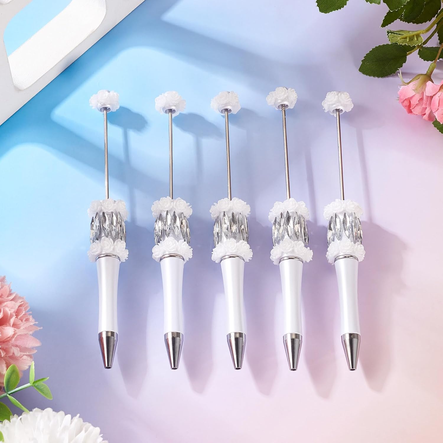 KISSITTY 5pcs Beadable Pens Bulk Flower Ballpoint DIY Crafting Pens Silver Color Personalized Bead Pens with Black Ink for Wedding Graduation Party Gift Office Supplies image 5