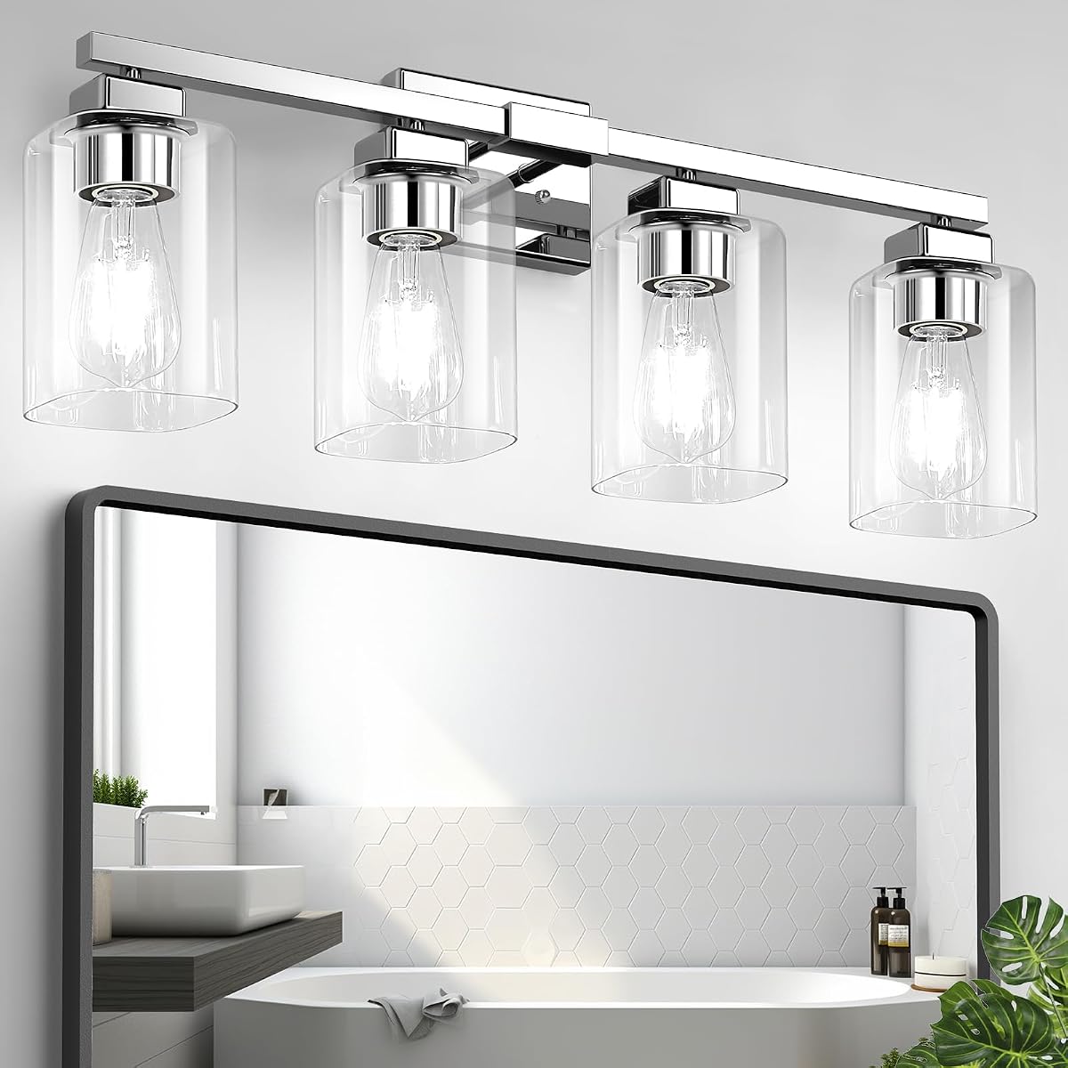 BesLowe 4-Light Chrome Bathroom Vanity Light Fixture, Modern Metal Wall Lamp