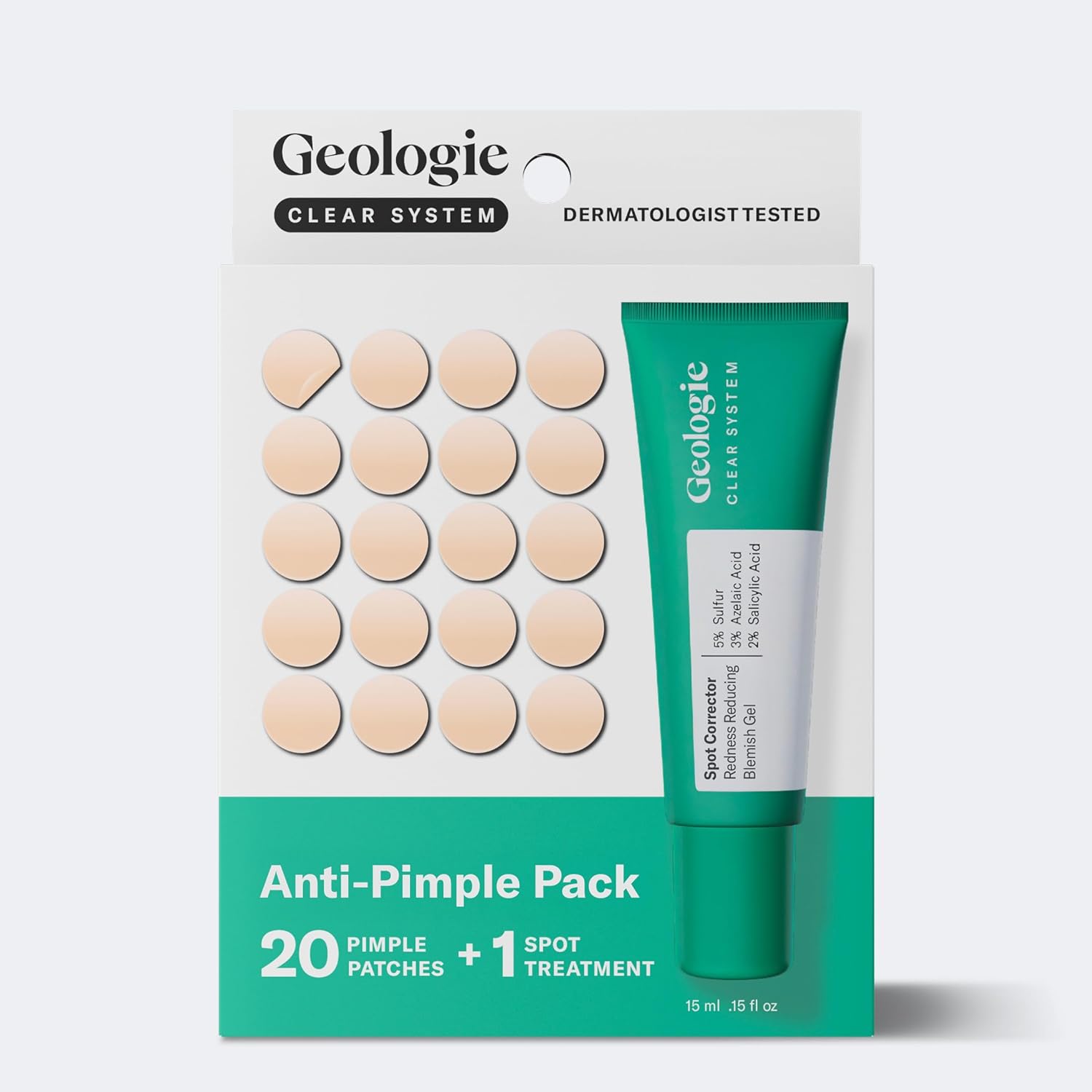 Geologie Clear System Anti-Pimple Pack, 20 Hydrocolloid Patches, Spot Treatment Gel with 5% Sulfur, Fast-Acting Acne Care