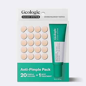 Geologie Clear System Anti-Pimple Pack, 20 Hydrocolloid Patches, Spot Treatment Gel with 5% Sulfur, Fast-Acting Acne Care