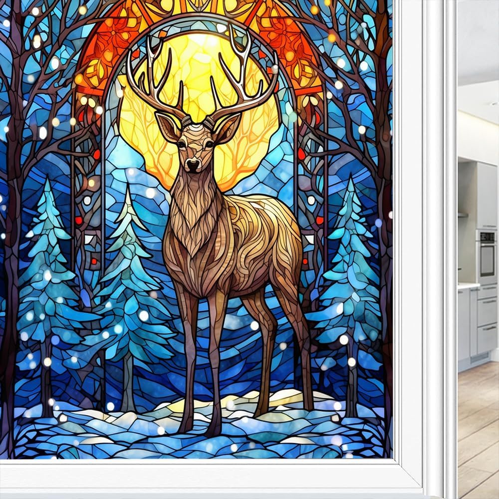 Winter Deer Window Privacy Film Abstract Forest Animal Snowy Landscape Stained Glass Window Film Decorative Frosted Windows Sticker for Home Window&Glass Door, Sun Blocking 35.4Wx63L inch