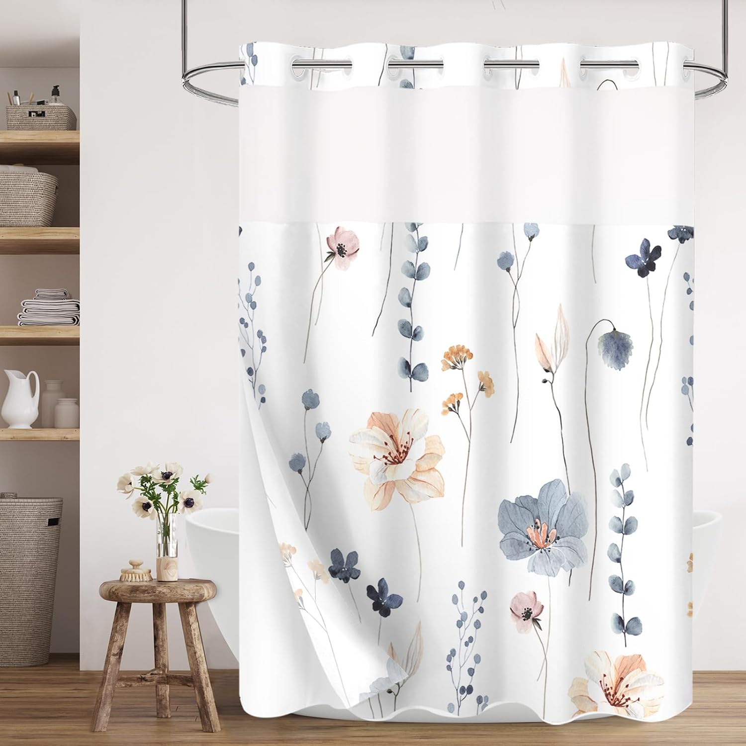 Gibelle No Hook Long Floral Shower Curtain with Snap-in Fabric Liner Set - 72" x 80"(78"), Hotel Style Coral Beige Modern Flower Shower Curtain with See Through Top Window, Waterproof & Washable