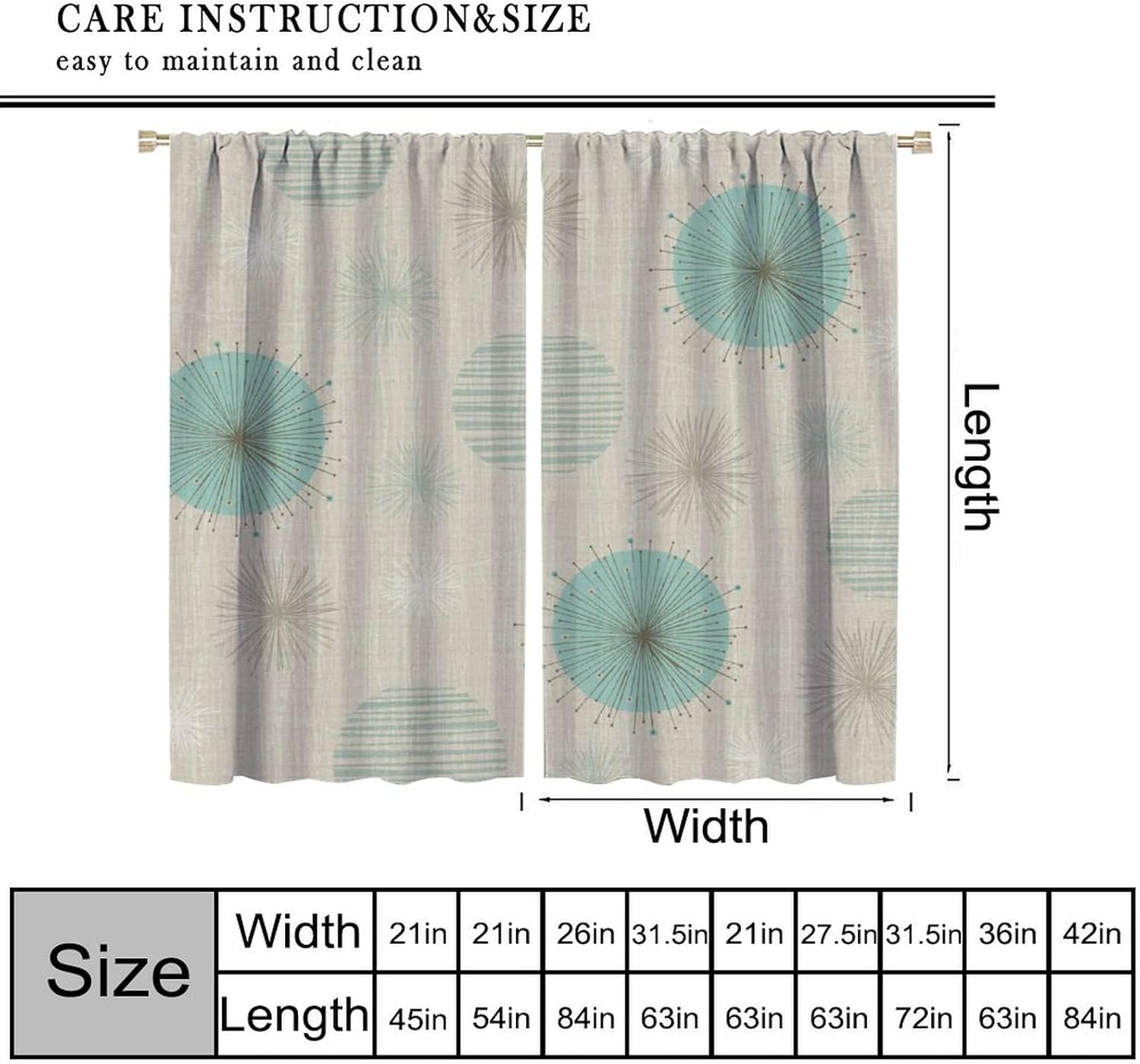 Mid-Century Curtains Vintage Geometry Modern Mid Century 50s and 60s Print Curtain with Rod Pocket for Bedroom Living Room Home Decor Drapes Window Treatments 2 Panels Set 52" W X 84" L