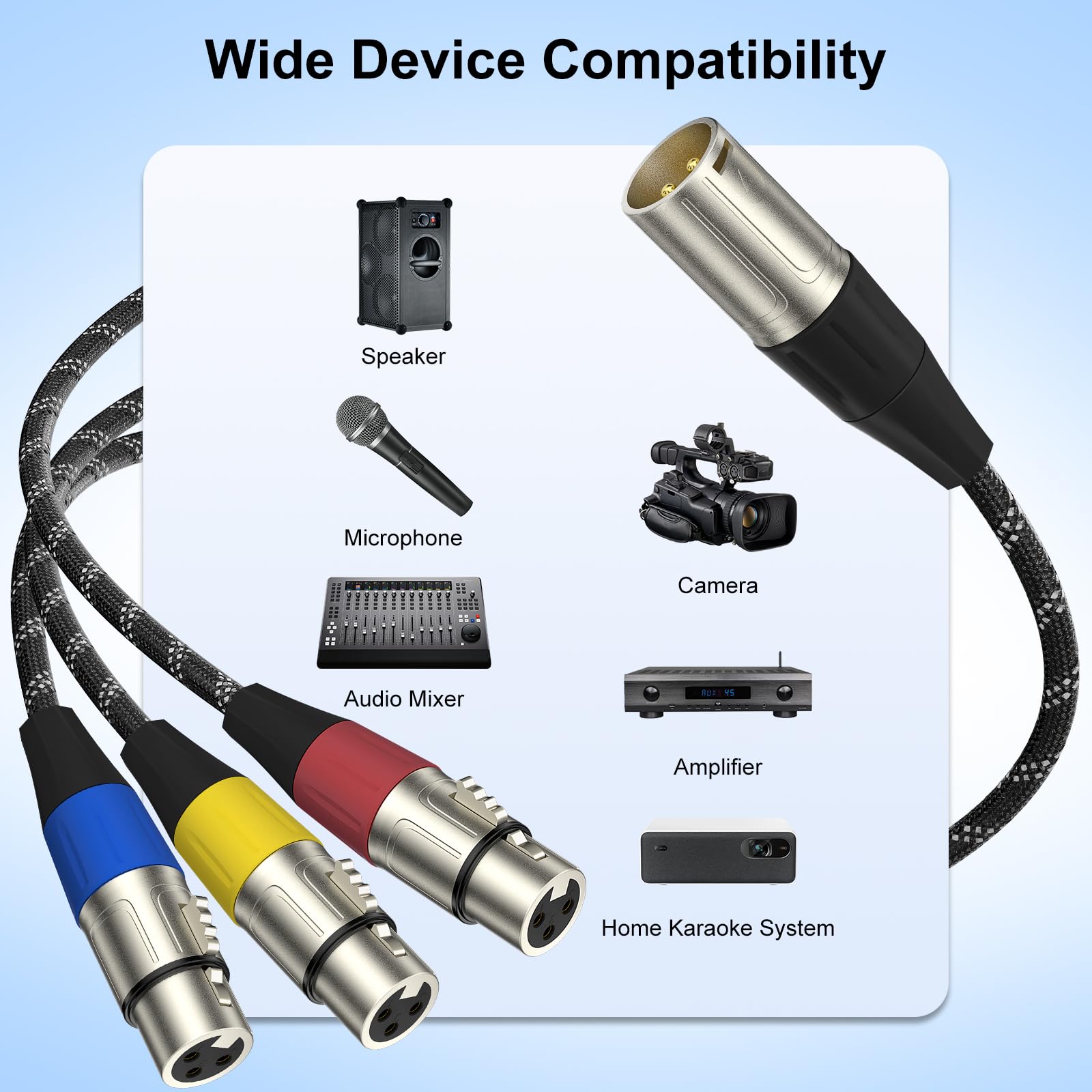 J&D XLR Splitter Cable, Gold Plated 3 Pin XLR 1 Male to 3 Female Adapter, Balanced Microphone Cord for Mixer AMP, Limiter - Image 2